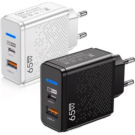 Chargeur USB C Puissance de 65W, Chargeur à Double Sortie, Compatible avec iPhone 16/15/14/13/12/11 Pro/Max/Plus/Mini/SE/X/XR/XS, iPad, Watch, Galaxy, Android et Plus. EU(Lot de 2 Chargeurs Noir Blanc (1/5)
