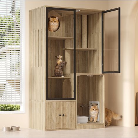 Jaula interior para gatos de varios niveles 90 x 50 x 160 cm, madera clara HAVRYA (1/5)