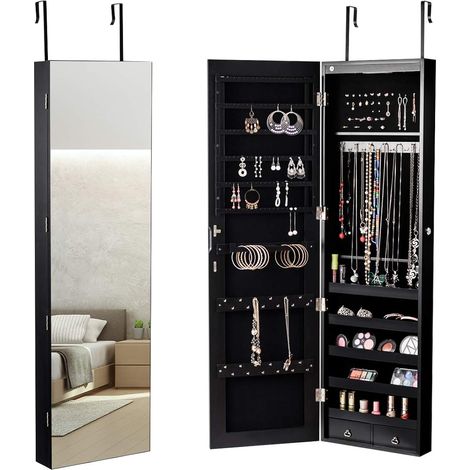 Costway – Armoire à bijoux murale avec miroir LED – 120 x 36 x 10 cm – 2 tiroirs et multiples compartiments – MDF noir