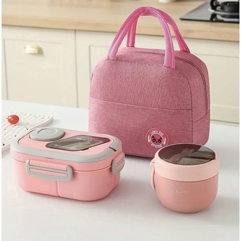 (rose)Boite Repas lunch box avec Sac Isotherme et Couverts, 1200ml+600ml Lunch Bento Box Adulte Enfants pour Pique Nique, Travail, (rose) (1/5)