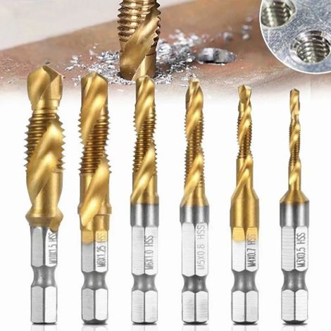 Set mit 6 Sechskant-Bohrern und Gewindebohrern aus HSS-Schnellstahl für Spiralgewinde, Schrauben, Anfasen, Bohren und Gewindeschneiden (1/5)