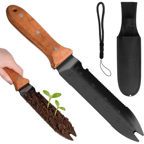 Couteau de Jardinage Multifonction en Acier Inoxydable à Double Tranchant avec étui et Passant de Ceinture,Bords Dentelé et Droit, pour Planter, Désherber et Couper (1/5)