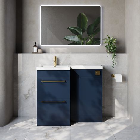 Napoli 390 Deep Blue 1000mm 2 Drawer Vanity Unit Toilet Suite with Left Hand Square Lucia Basin - 1000mm - Brushed Brass 320mm HandleWithout Kingston Toilet Pan