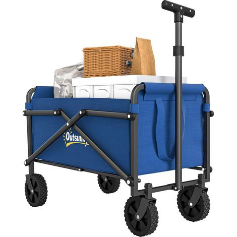 Outsunny 41L Festival Trolley on Wheels, Compact Garden Folding Trolley Cart, 60kg Heavy Duty Collapsible Foldable Wagon with Adjustable Handle and Carrying Bag for Beach, Camping, Festival, Blue