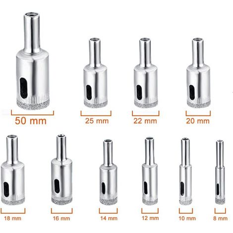 Coffret de 10 scies trépans diamantées, pour verre, carrelage et marbre, diamètres 8-50mm, outils de perçage (1/5)