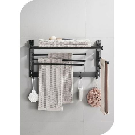 Porte-Serviettes Mural Aluminium Pivotant - Crochets Déplaçables et Tablette à 90° - Sans Perçage - Gain de Place Buanderie et Salle de Bains(40cm 5 tiges Noir) (1/5)