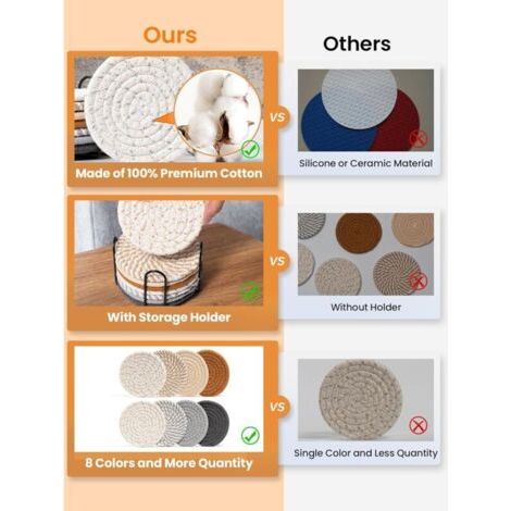 Sollbry Lot de 8 dessous de verre avec support, 8 couleurs absorbantes pour boissons, dessous de verre minimalistes en coton tissé pour table basse, décoration d'intérieur, bar, cadeau de pendaison de