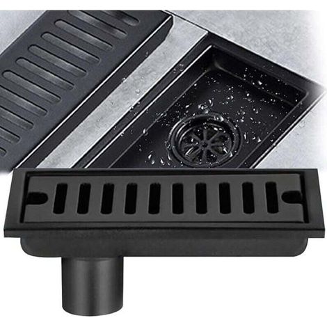 Siphon de sol rectangulaire, siphon de sol en acier inoxydable noir 20x10 cm siphon de sol de douche avec double filtre pour WC salle de bain drainage cuisine balcon