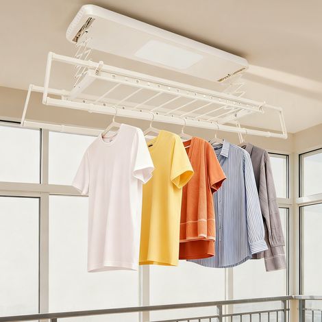 étendoir à Linge électrique, télécommandé, Plafond, Longueur réglable, en aluminium, motorisé, extensible, adapté aux draps, supporte 35 kg (1/5)