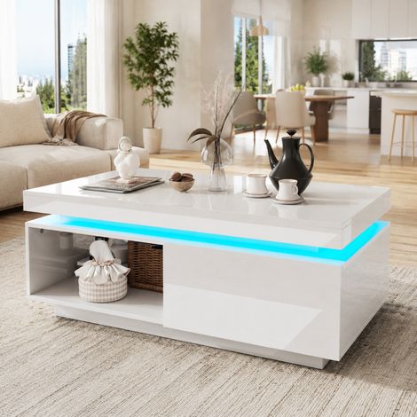 Mueble TV LED blanco con mesa de centro, acabado brillante en aglomerado HAVRYA (1/5)