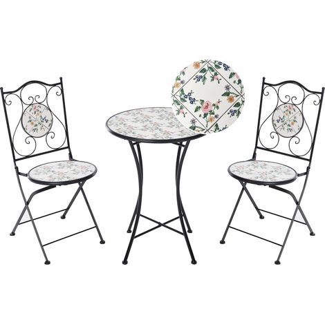 Set da bistrot in stile ferro battuto con tavolo e sedie pieghevoli in piastrelle di ceramica a mosaico nero Collio