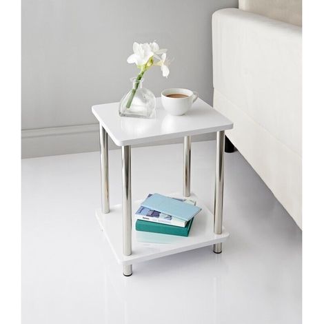 White High Gloss 2 Tier Shelf Unit With Stainless Steel Legs Living Room Decor