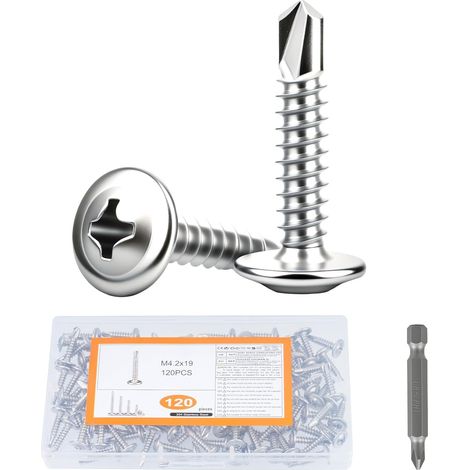 120 PcsVis Autoforeuse Metal, M4,2 x 19 mmVis Autoperforante,Vis Autotaraudeuses à tête plate Inox, Vis Autoperceuses pour Bac Acier, Toiture de Tôles Ondulées, métalliques, plastique