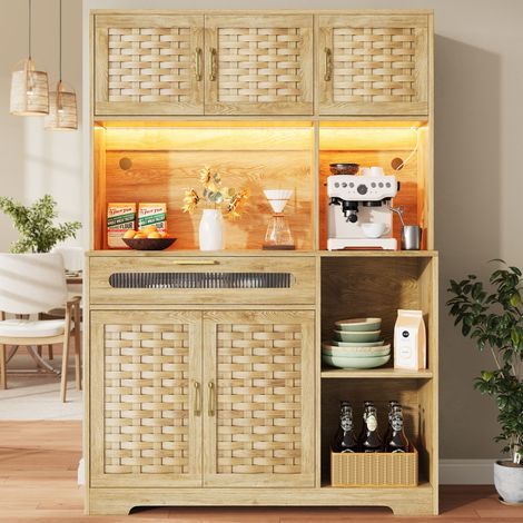 Grand meuble salon 120×40×180cm cuisine salle à manger tiroirs portes MDF tissées éclairage LED vitrine sol noir.