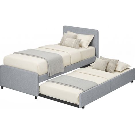 Lit gigogne - HOMCOM - 90 x 190 cm - sommier à lattes en bois - tête et pied rembourrés en tissu aspect lin - gris clair (1/5)