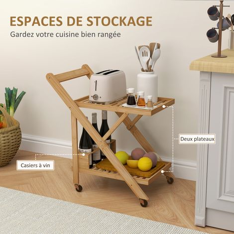 Desserte cuisine bambou pliable 2 plateaux 4 roues 3 casiers vin 66x40x70 cm naturel (1/5)