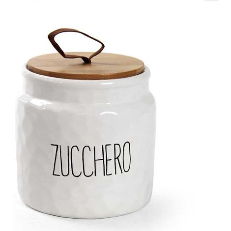 BARATTOLO MODELLO ONDULATO PER ZUCCHERO 14 CM BIANCO CON TAPPO IN LEGNO (1/2)