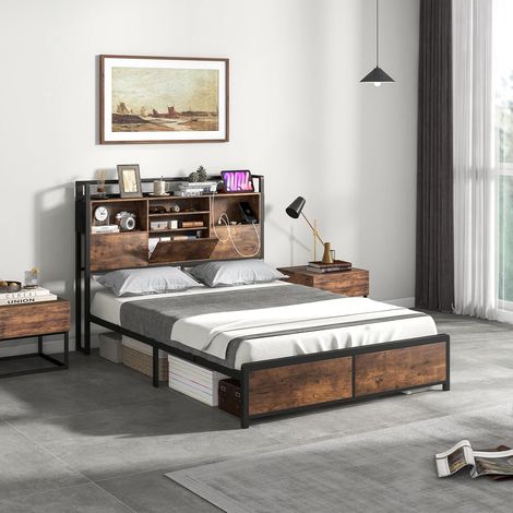 COSTWAY Struttura Letto con Testiera Contenitore, Letto a Piattaforma in Metallo con Stazione di Ricarica 3 Ripiani, Silenzioso, Carico Massimo 300kg (140 x 200cm Stile 2) (1/5)