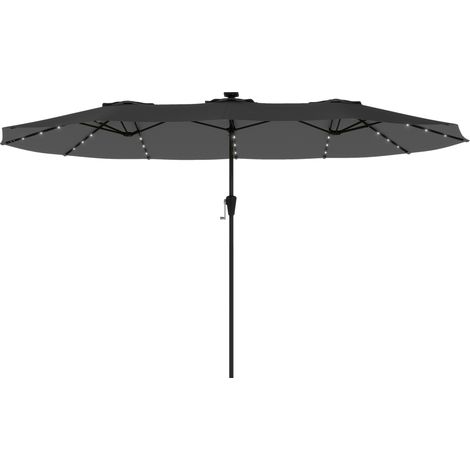 Sombrilla Doble Jardín 4x2m LED UPF50+ Manivela 12 Varillas Impermeable Gris