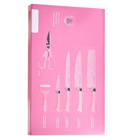 6-teiliges, farbenfrohes Edelstahl-Messerset, praktisches Küchenmesserset mit ergonomischem Griff zum Schneiden, Rosa (1/5)