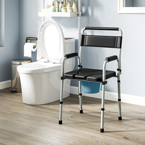 Sedia comoda pieghevole con sedile antiscivolo e altezza regolabile, sedile e braccioli imbottiti, portata massima 150 kg, colore nero.