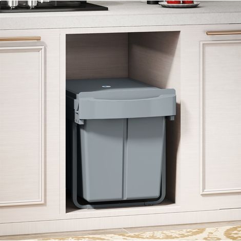 Bidone spazzatura estraibile 52x33,5x41 cm, 2 scomparti da 20 L, coperchio antirumore, plastica grigia (1/5)