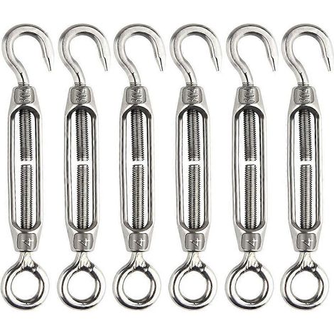 Lot de 6 tendeurs à câble M4 en acier inoxydable, réglables, avec crochet et œillet, pour usage intensif. (1/4)