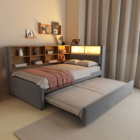 Divano letto 90x200 cm grigio scuro, rivestimento in flanella con letto estraibile (1/5)