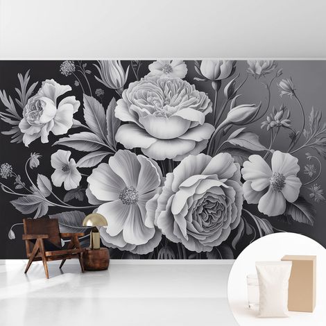 Tapete Vliestapete mit Kleber- abwaschbar - Raumgestaltung Schlafzimmer Wohnzimmer Tapete Graue Blumen 416x254 cm (1/5)
