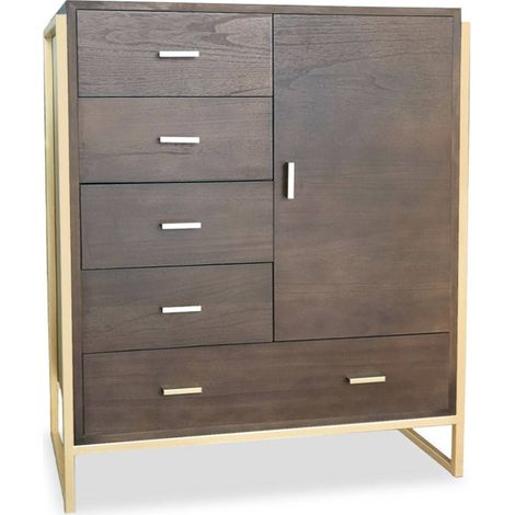 Buffet 5 Tiroirs & 1 Porte "Bynard" 112cm Marron & Or (1/5)