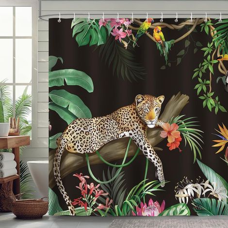 e Rideau de Douche Léopard Tropical Feuille de Palmier Noir Rideau de Bain Tissu Polyester Anti Moisissure Imperméable Lavable Rideaux Salle de Bain 180 x 180 cm avec 12 Crochets Baignoire (1/5)