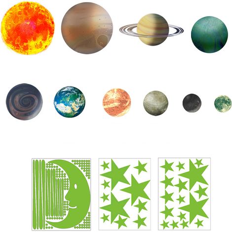 Autocollants Muraux Planètes Système Solaire - Phosphorescents PVC Étanche - Pour Chambre Enfants Salon - Lot de 9 (1/5)