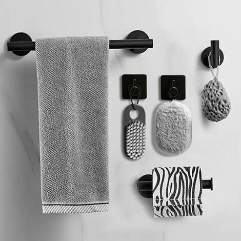 Un ensemble de 5 porte-serviettes muraux en acier inoxydable chromé, accessoires de salle de bain, porte-serviettes de 41 cm, porte-papier toilette, crochets pour serviettes et 2 crochets (noirs). (1/3)