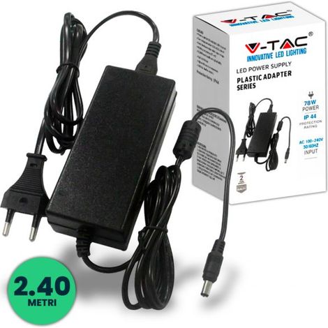 V-TAC Alimentatore per Strip LED 78W 12V 6.5A Jack 2.1 e Cavo 2.4m con Spina IP44 SKU 3240 VT-23079
