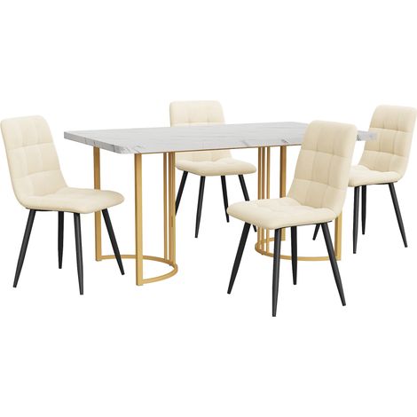 5-teiliges Esszimmer-Set mit Tisch 140x80 cm und 4 Stühlen, MDF-Platte in Weiß Marmoroptik (1/5)