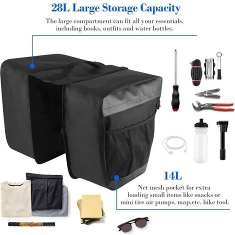 Sacoches de vélo pour porte-bagages, sacoches de vélo arrière Welltop 28L pour porte-bagages, sacoches de vélo étanches, sacoches de vélo avec poignées, bandes réfléchissantes