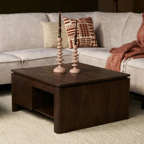 Table basse carrée en bois marron 2 tiroirs 1 niche KASO (1/5)
