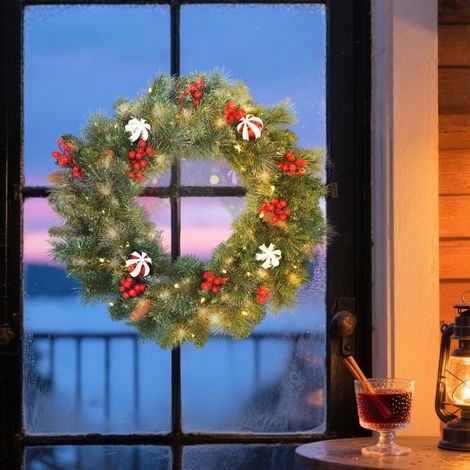 Ghirlanda natalizia luminosa da 60 cm con 50 LED, timer, 146 punte, pigne, bacche, palline decorative, verde (1/5)