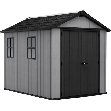 Newton + 759/975 - Gartenhaus 287x246x230 cm mit 2 Türen zur Geräteaufbewahrung, Holzoptik-Oberfläche Evotech+ aus Kunstharz in Grau und Schwarz