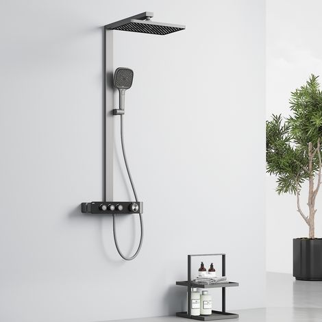 EMKE Duschsystem mit Thermostat Anthrazit Matt Duscharmatur Komplettset 36x24 cm Regendusche 3 Strahlarten Handbrause Brausestange und Schlauch