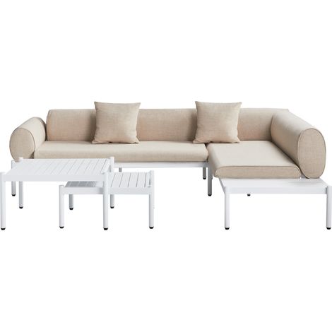 Sofá esquinero de exterior moderno de 4 piezas con mesa de centro y mesa auxiliar cojines beige Rasiglia