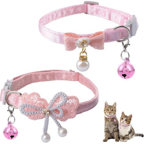 Lot de 2 colliers pour chat avec clochette, motifs papillons et nœuds, colliers bandana réglables en cuir avec nœud amovible (rose) (1/5)