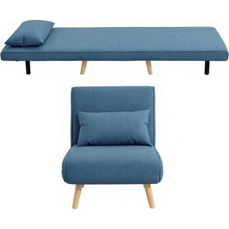 Fauteuil convertible 1 place bleu en tissu, dossier réglable 5 positions, structure métal, couchage 195 x 72 cm, 120 kg - CHICFURN (1/5)