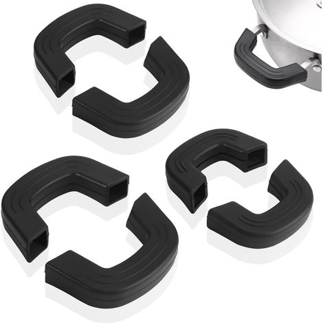 Set di 6 manici in silicone per pentole e padelle, supporto per manici in silicone supporto per manici caldi, manici isolanti antiscivolo, per pentole in ghisa, wok, casseruole e piani cottura, nero (1/5)