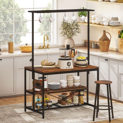 Estantería de Cocina con Puertos USB Tomas de Corriente y Almacenaje con Baldas Ganchos y Encimera Amplia 116x70x182 cm (1/5)
