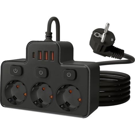 Steckdosenleiste mit USB, 3 Fach Mehrfachsteckdose Mit Einzelschalte Mehrfachsteckdose Mit 3 USB & 1 Type-C (5V 2,1A) für Küche Wohnzimmer Schlafzimmer(1,8m schwarz) (1/5)