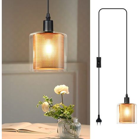 GBLY Hängelampe Vintage Pendelleuchte 1 Flammig: Glas Gold Hängeleuchte mit Stecker und Schalter Pendellampe E14 2M Kabel Metall Retro Esstisch Lampe Hängend für Esszimmer Wohnzimmer Küche