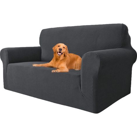 Housse de canapé extensible 2 places, anti-dérapante, protection animaux, lavable, gris foncé (1/5)