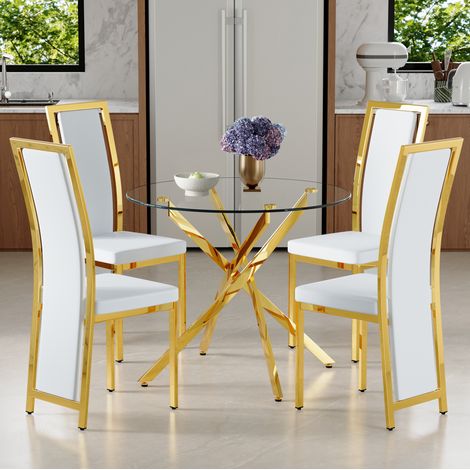 Set tavolo e sedie 88 cm in vetro temperato, 4 sedie in PU bianco e oro DESVIAE (1/5)