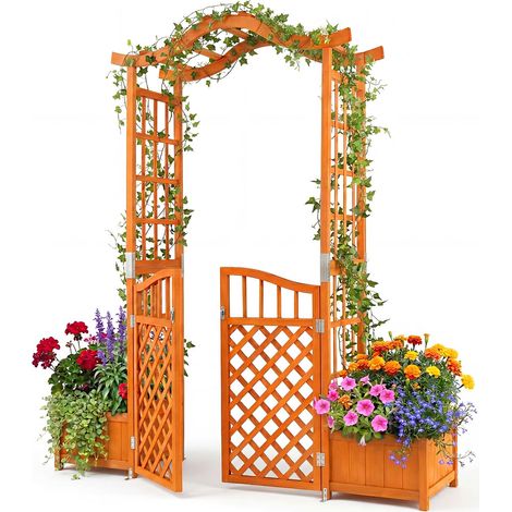 COSTWAY Arco Letto Fioriera Pergolato Aiuola Giardino Rialzata Traliccio Porta Cancello Cancelletto Legno Massello Esterno Grande Pianti Rampicanti Fiori Verd (1/5)